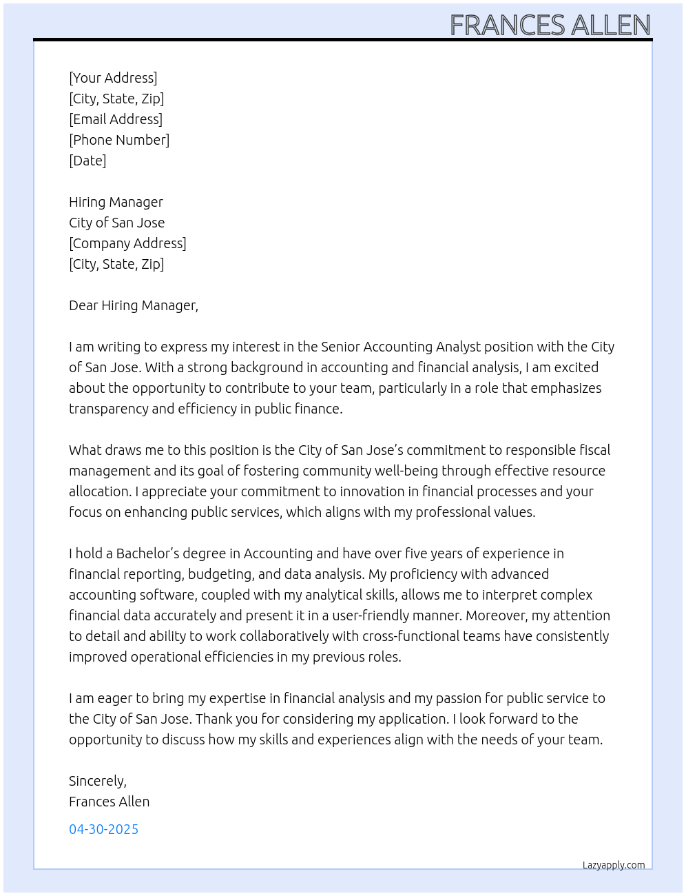 Senior Accounting Analyst At City of San Jose Cover Letter