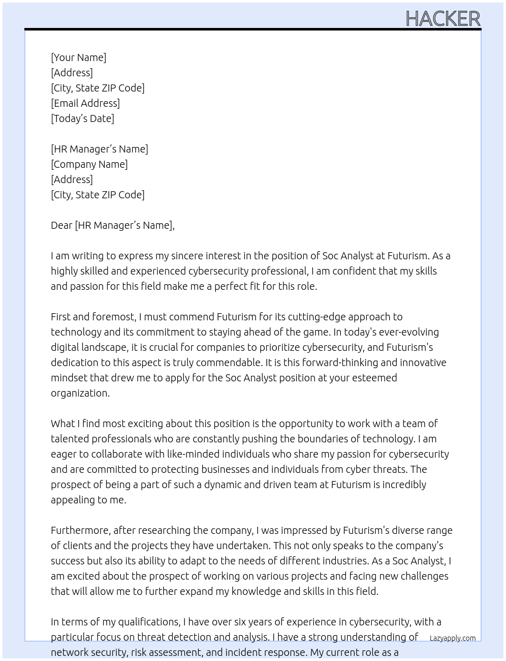 Soc analyst At Futurism Cover Letter