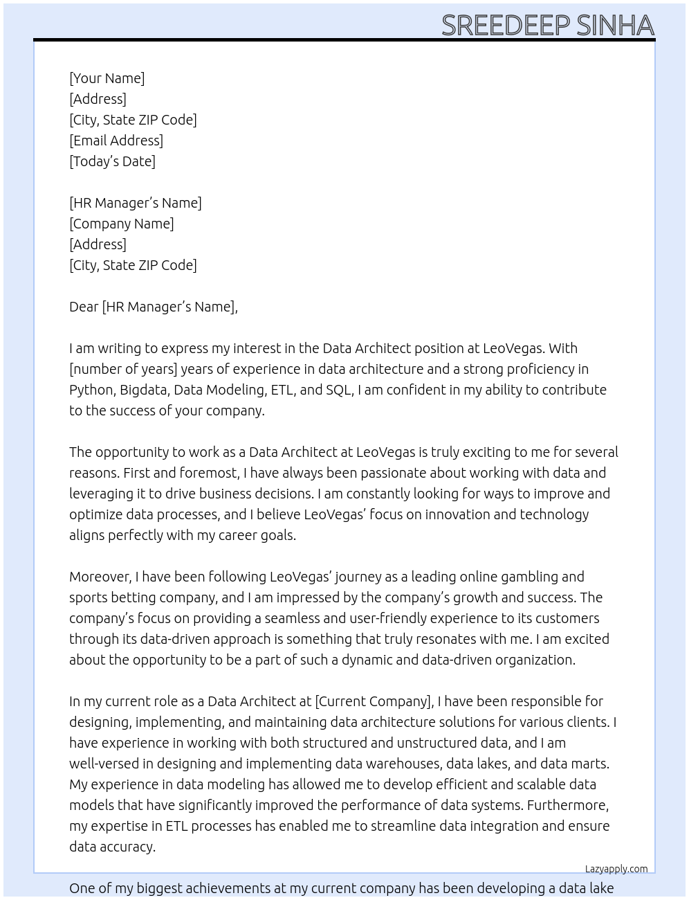 Data Architect At LeoVegas Cover Letter