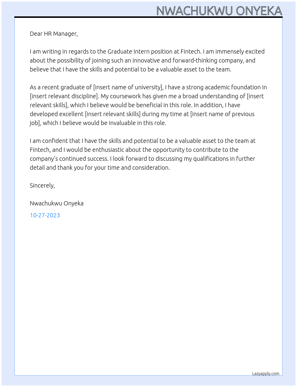 Graduate Intern At Fintech Cover Letter