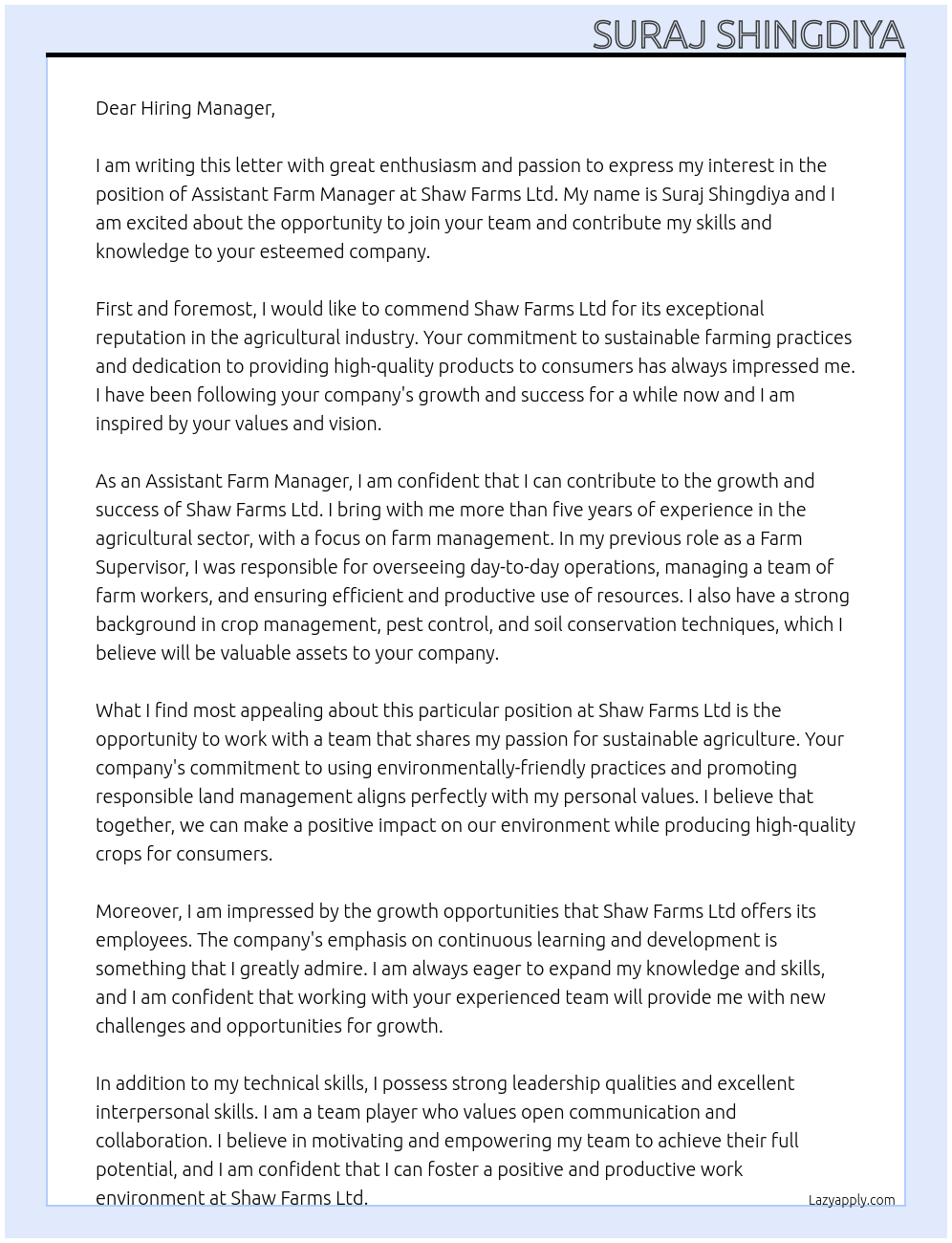 Assistant farm manager  At Shaw  Farms Ltd Cover Letter