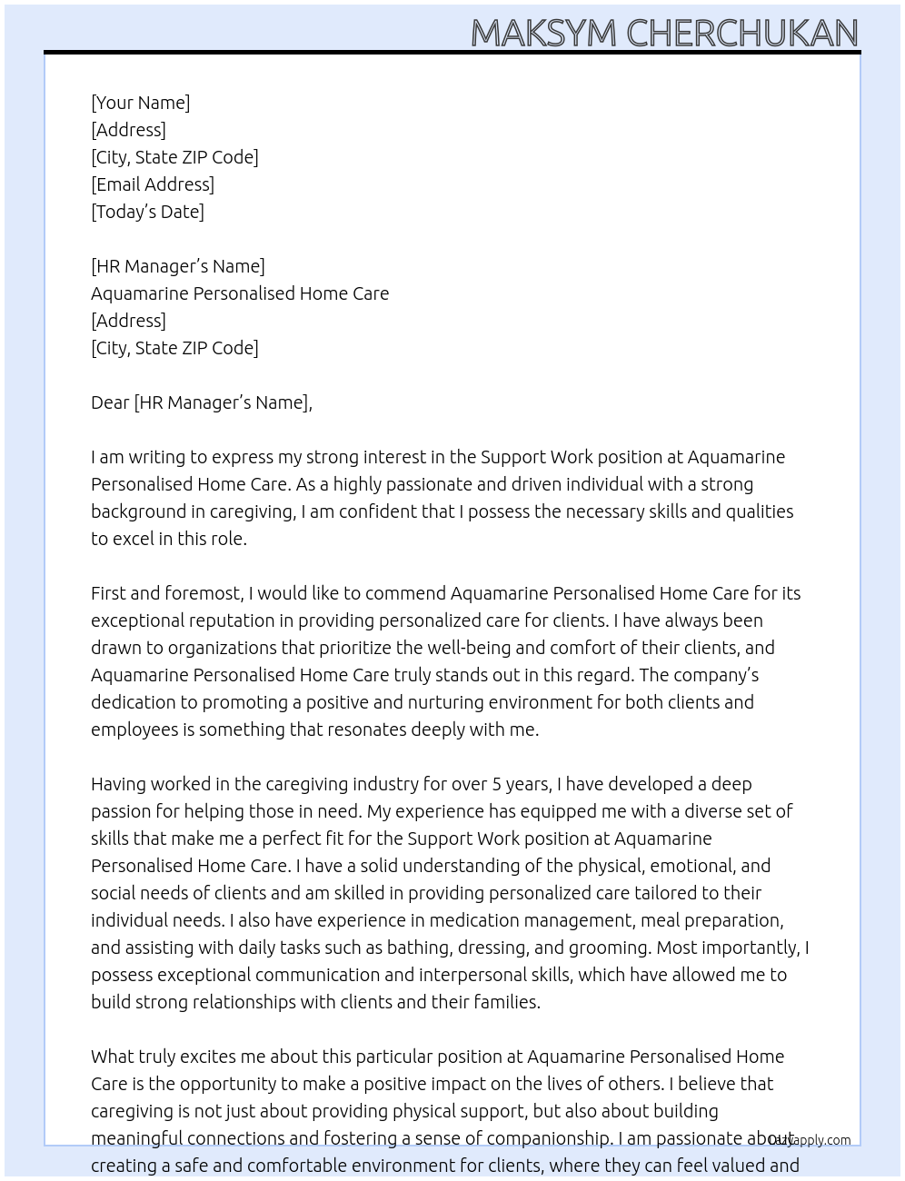 Support Work At Aquamarine Personalised Home Care Cover Letter