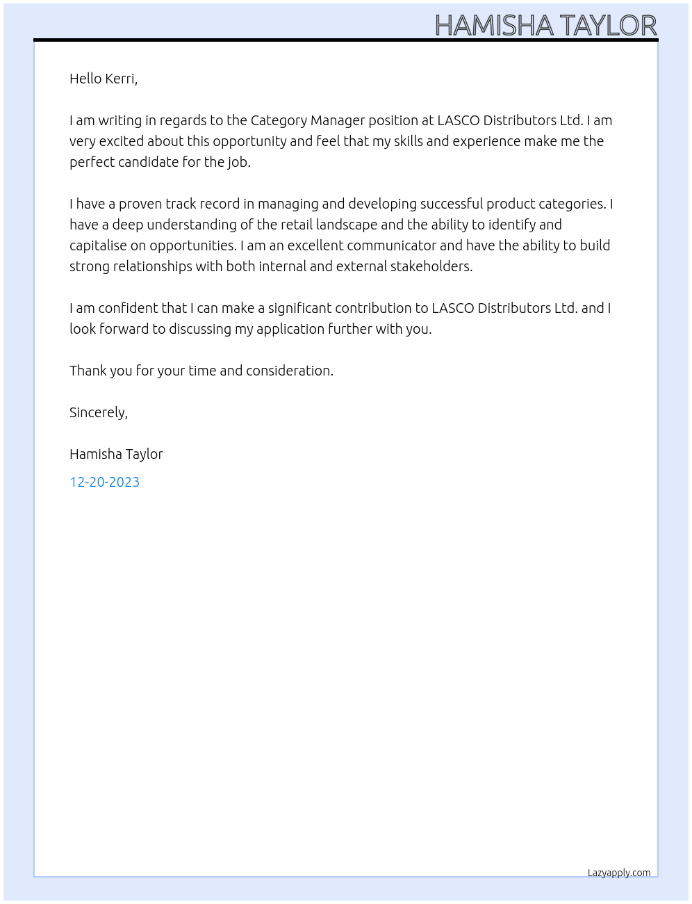 Category Manager At LASCO Distributors Ltd. Cover Letter