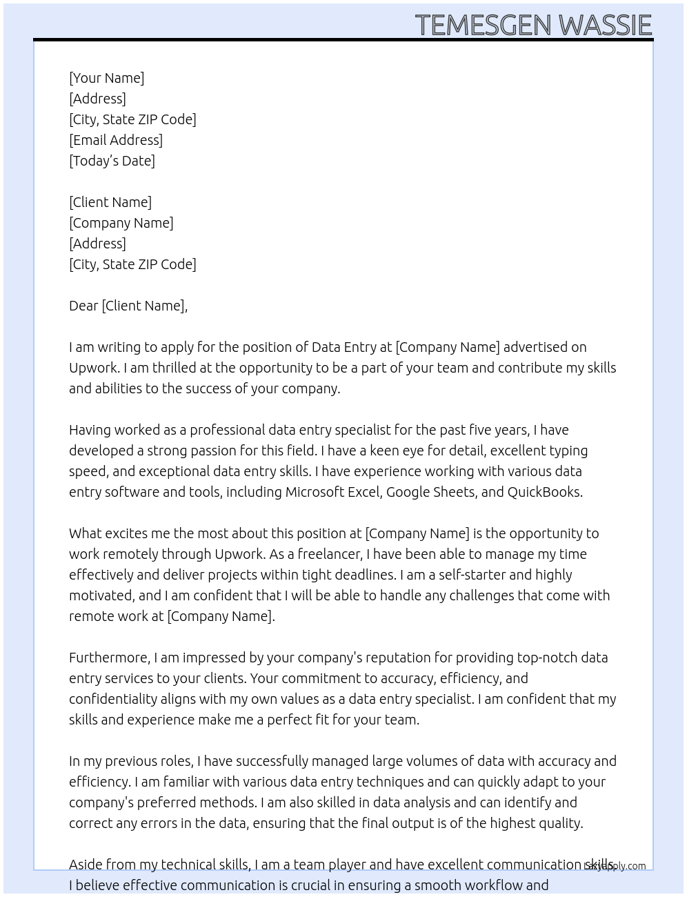 data entery At upwork Cover Letter