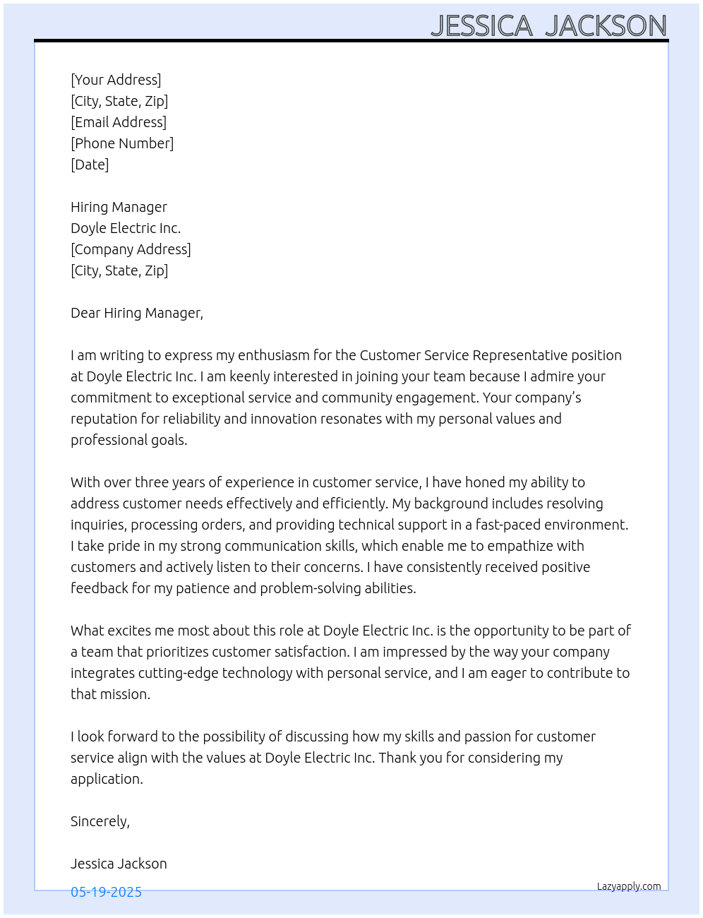 Customer Service Representative At Doyle Electric Inc. Cover Letter