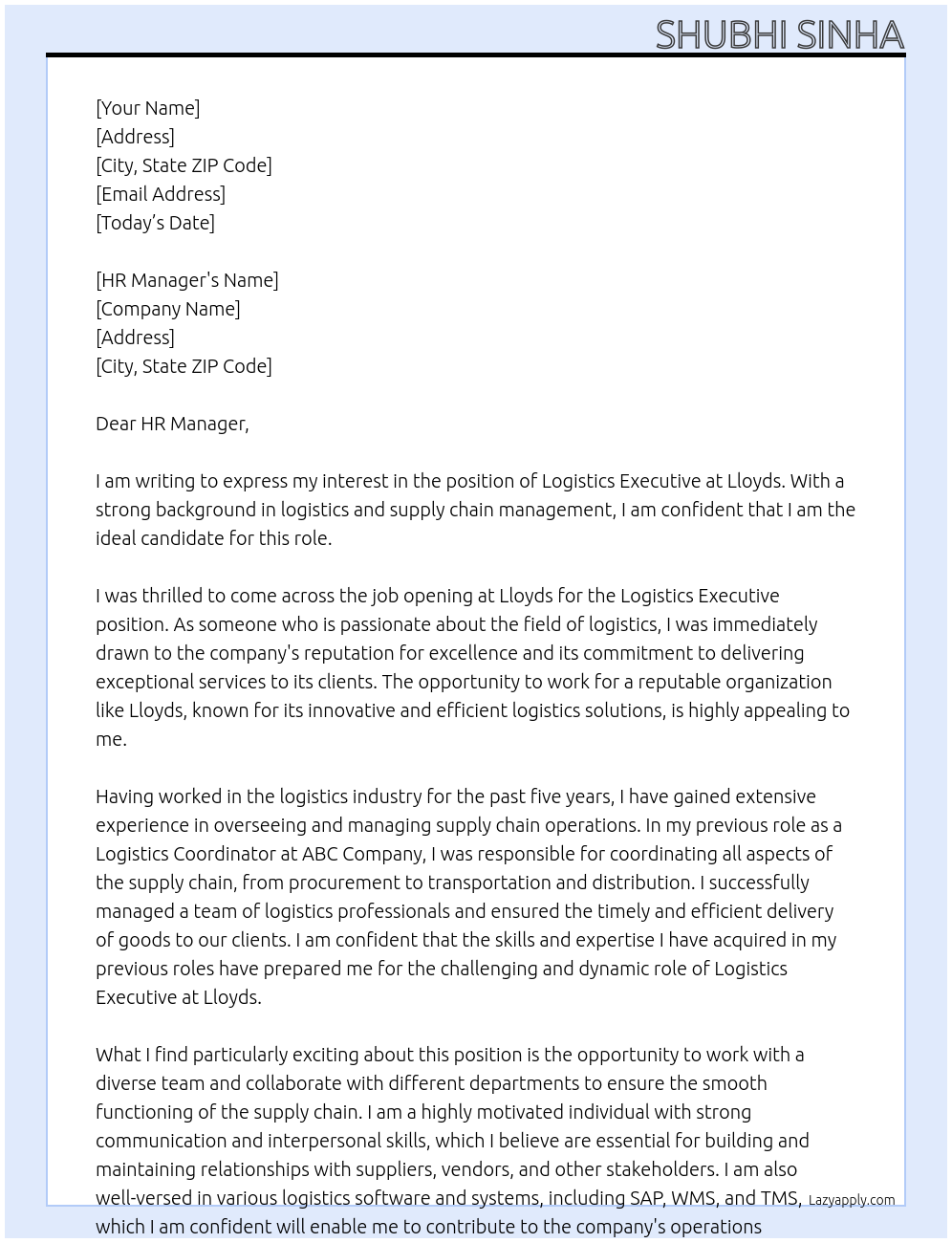 Logistics Executive At Lloyds Cover Letter