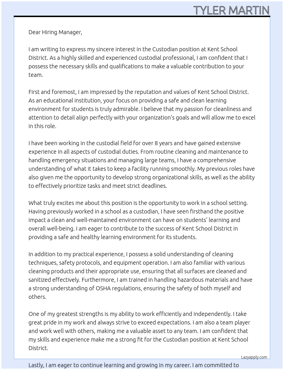 Custodian At Kent School District Cover Letter