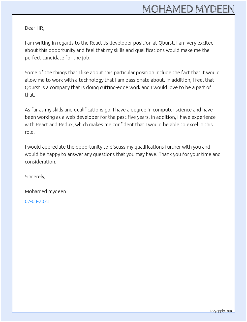 React Js developer At Qburst Cover Letter