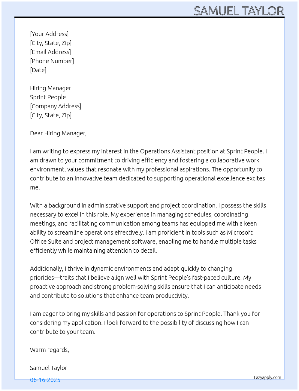 Operations Assistant At Sprint People Cover Letter