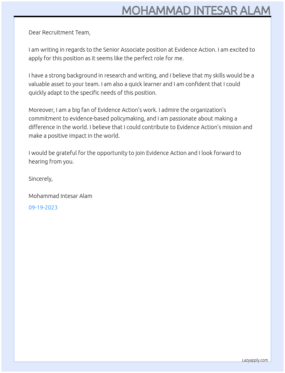 Senior Associate At Evidence Action Cover Letter