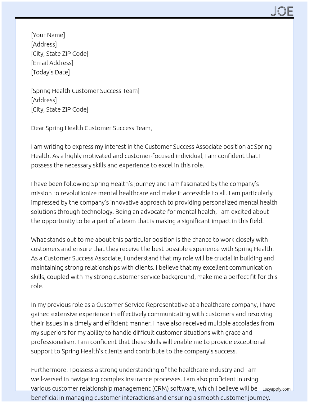 Customer Success Associate At Spring Heatlh Cover Letter