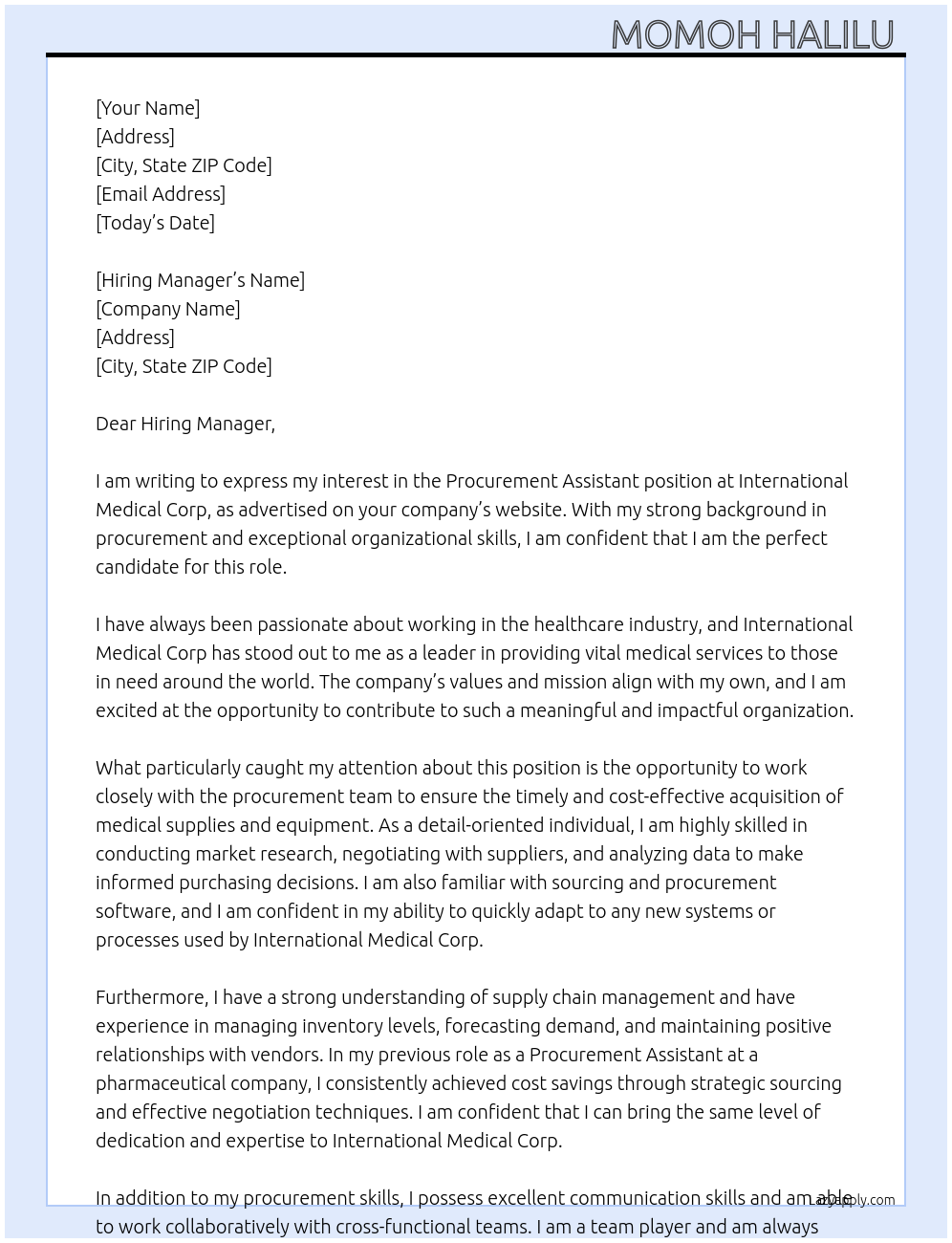 Procurement assistant  At International medical Corp  Cover Letter