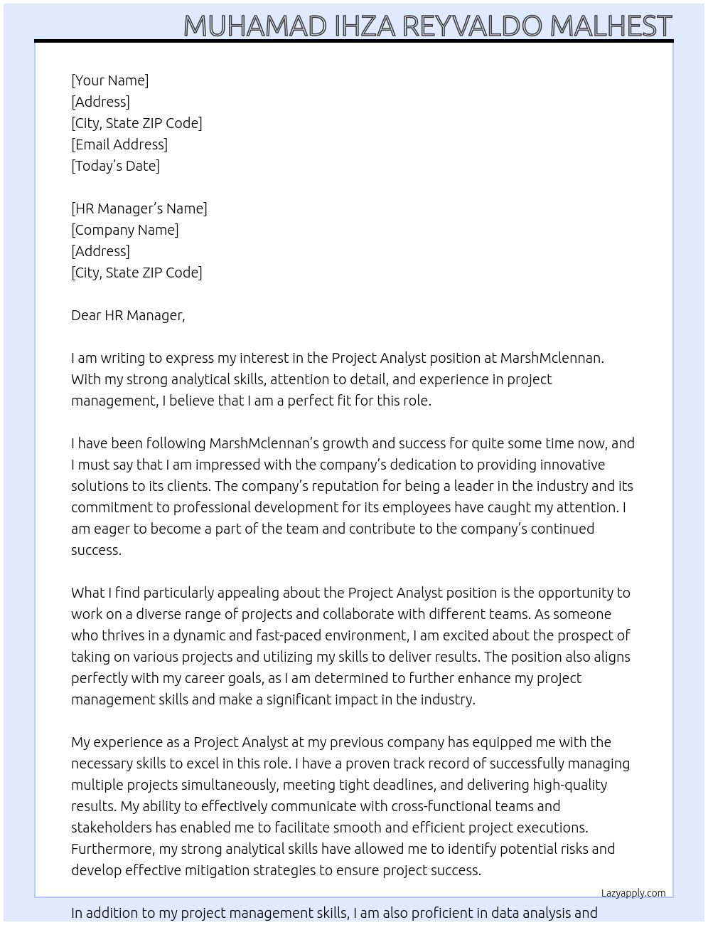 Project Analyst At MarshMclennan Cover Letter