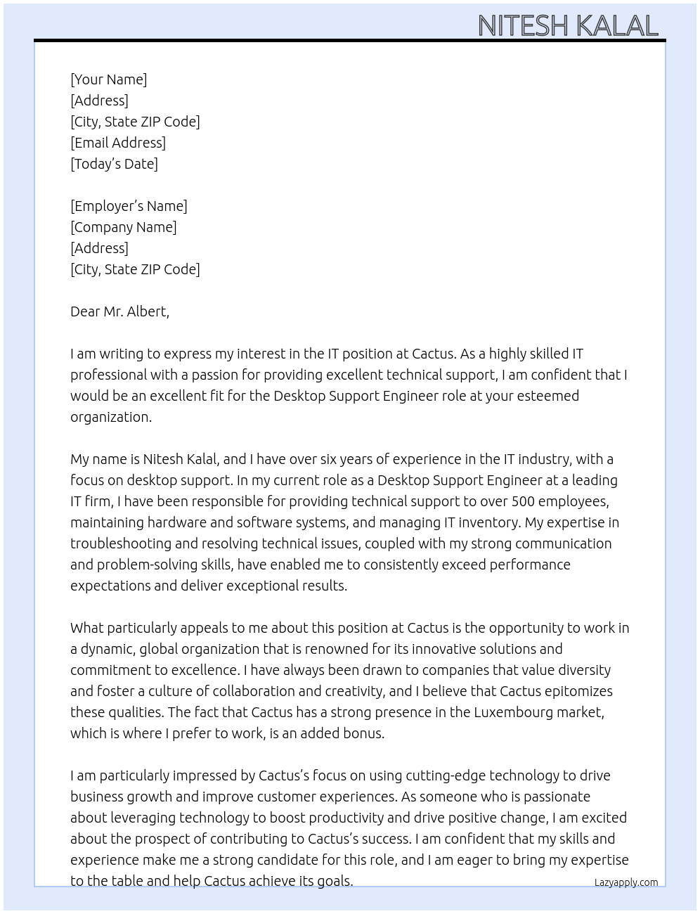 IT At Cactus Cover Letter