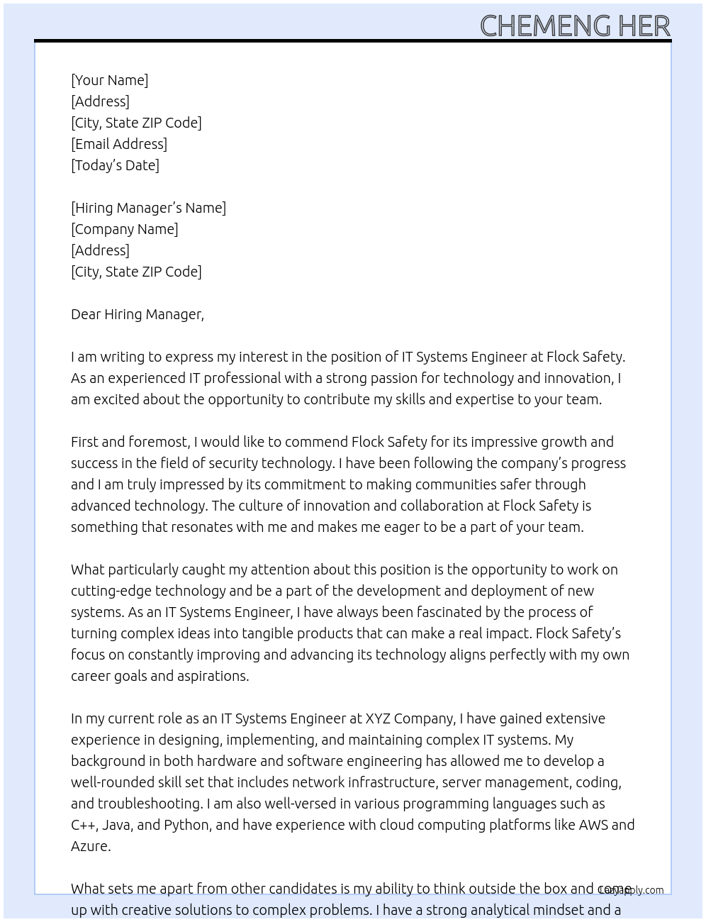 IT Systems Engineer At Flock Safety Cover Letter