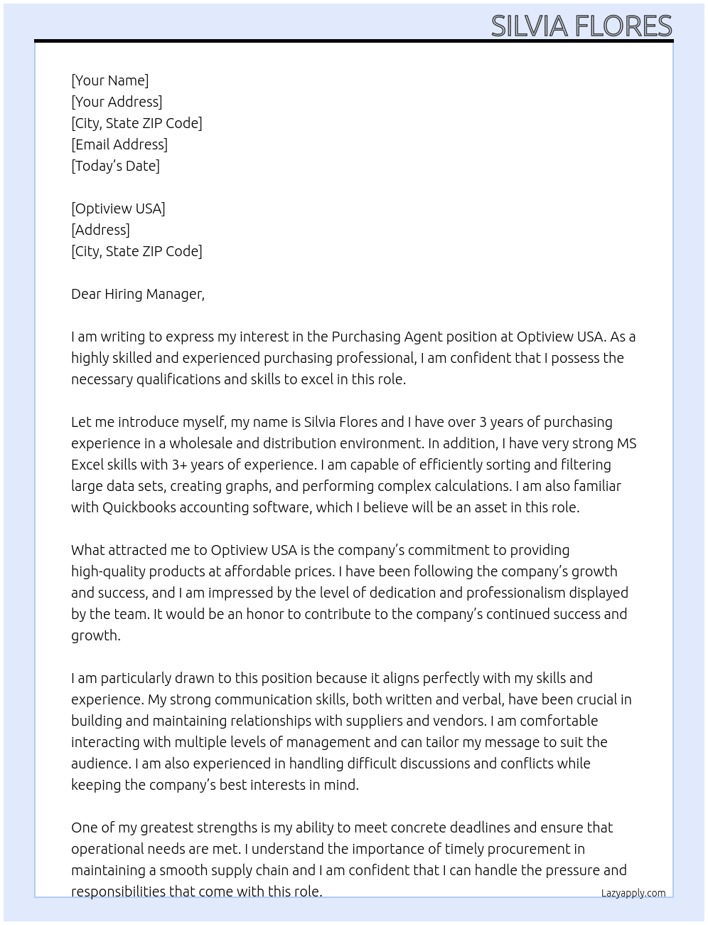 Purchasing Agent At Optiview USA Cover Letter