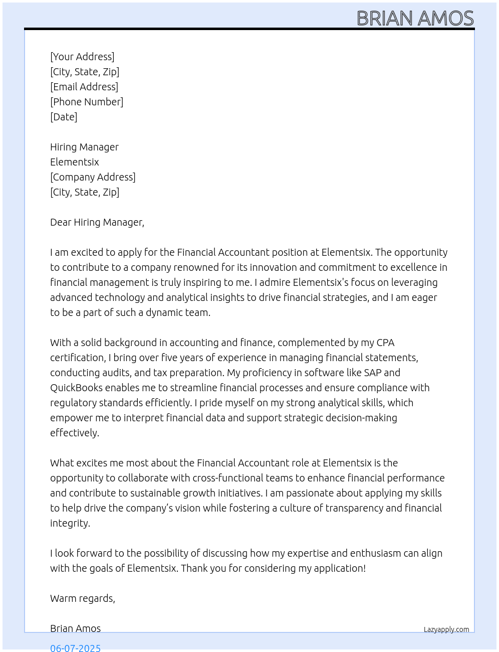 Financial Accountant At Elementsix Cover Letter