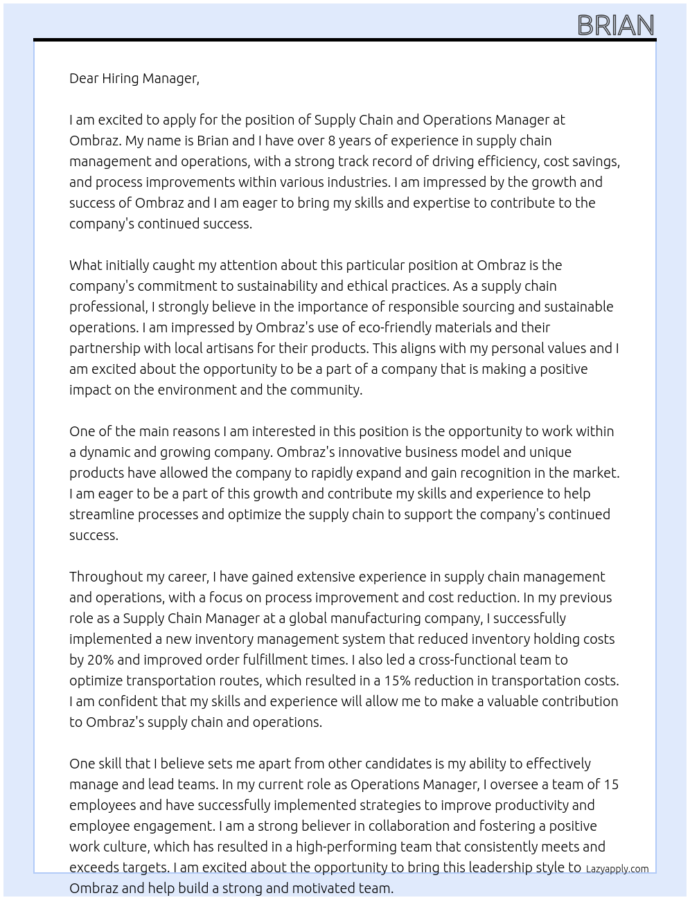 Supply chain and operations manager At Ombraz Cover Letter