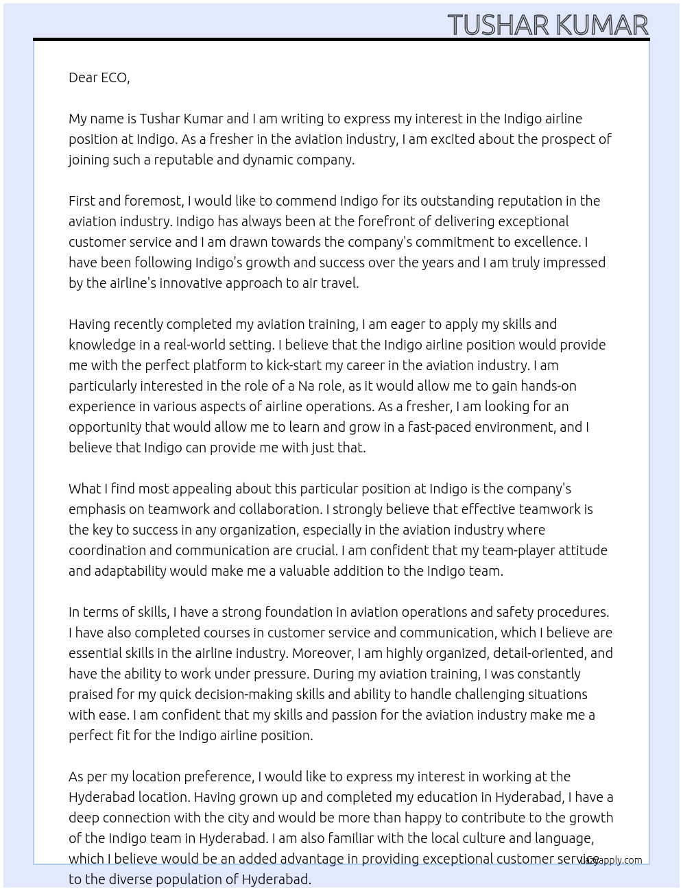 Indigo airline At Indigo Cover Letter