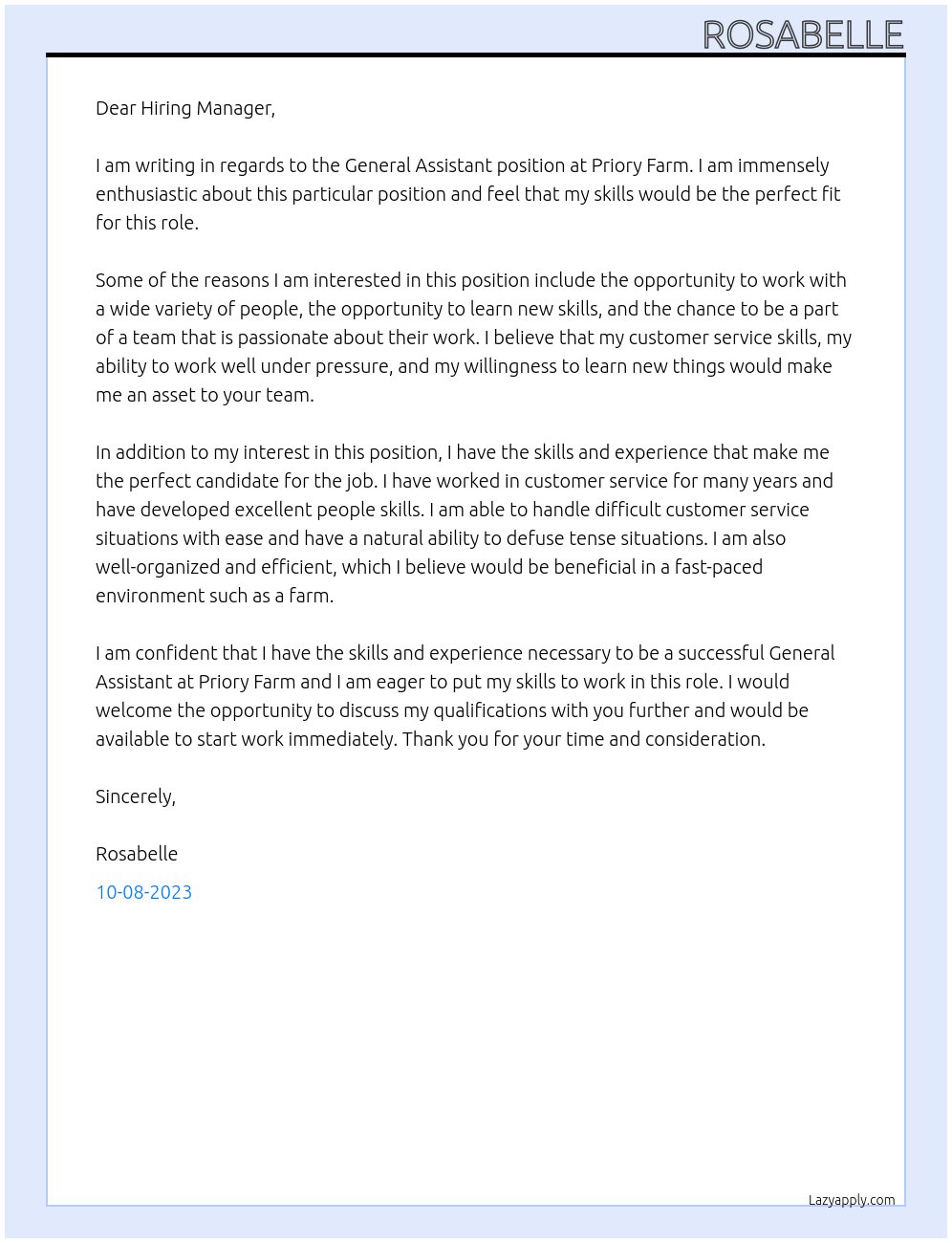 General assistant At Priory farm Cover Letter