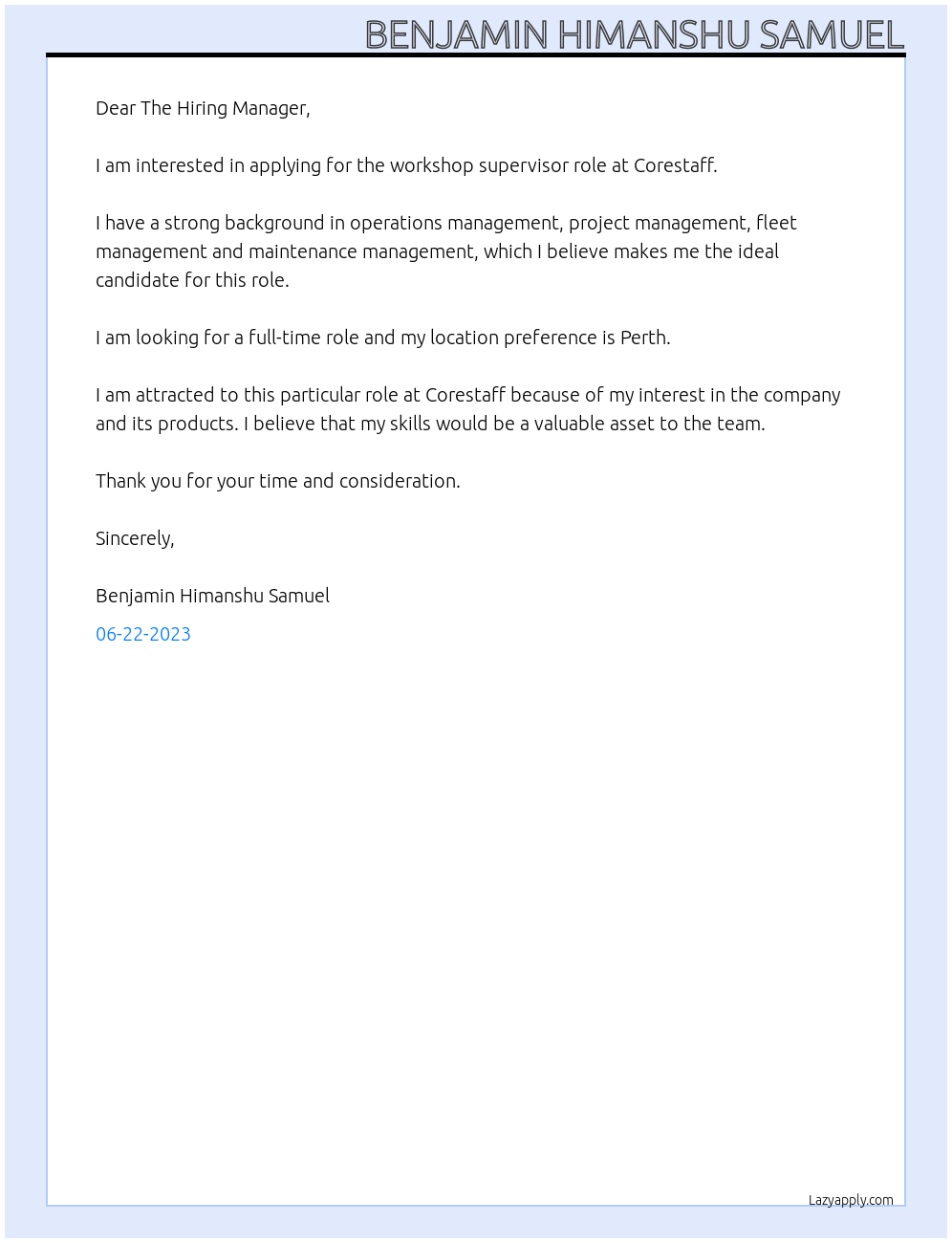 workshop supervisor At Corestaff Cover Letter