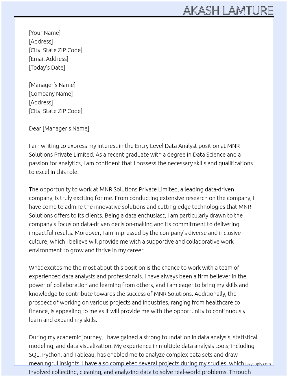 Entry Level Data Analyst At MNR Solutions Private Limited Cover Letter