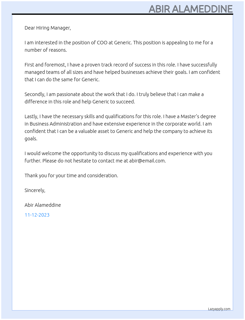 COO At Generic Cover Letter