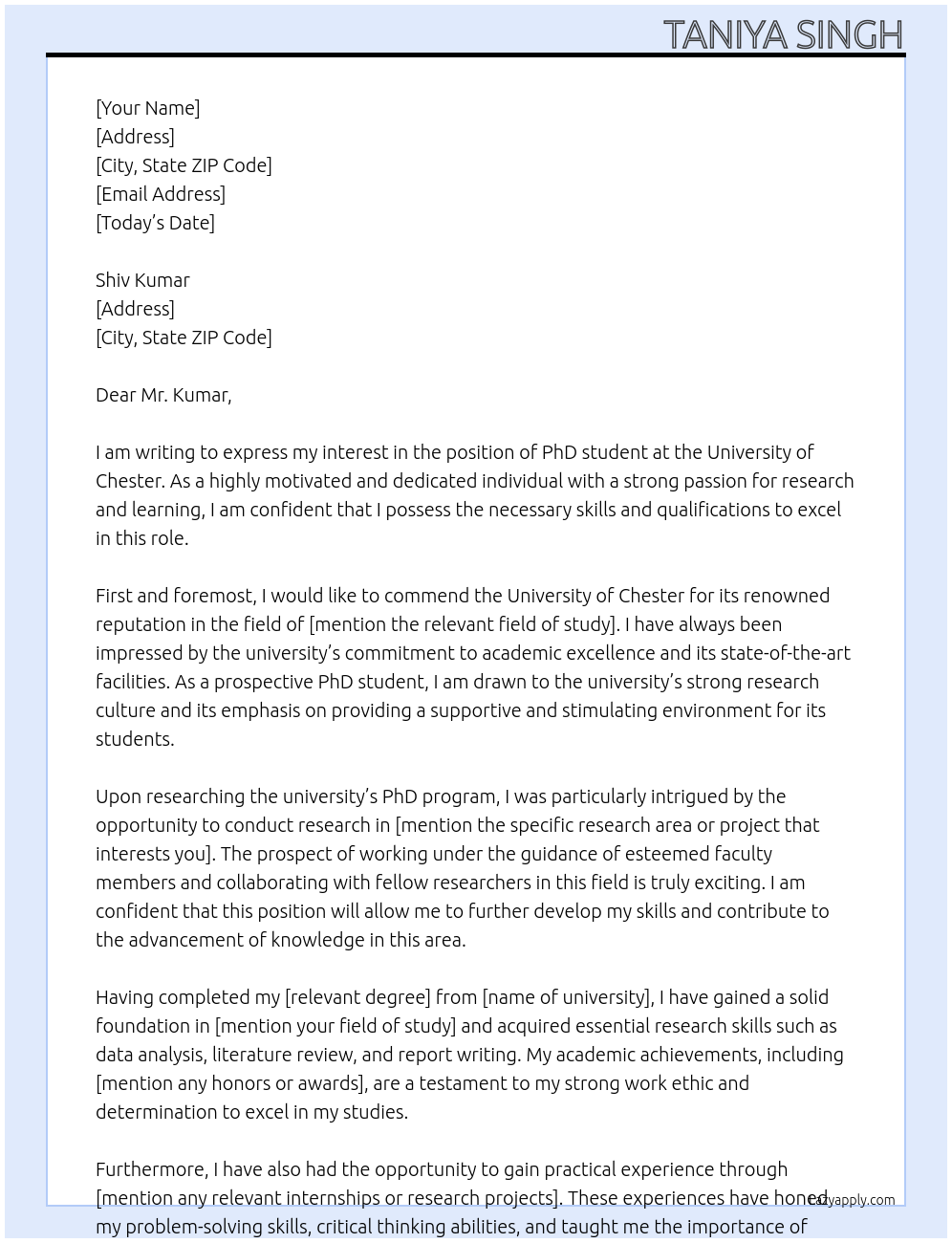 phd student At university of chester Cover Letter
