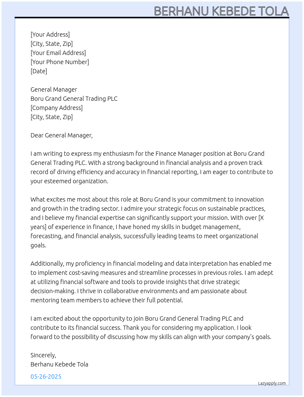 Finance Manager At Boru Grand General Trading PLC Cover Letter