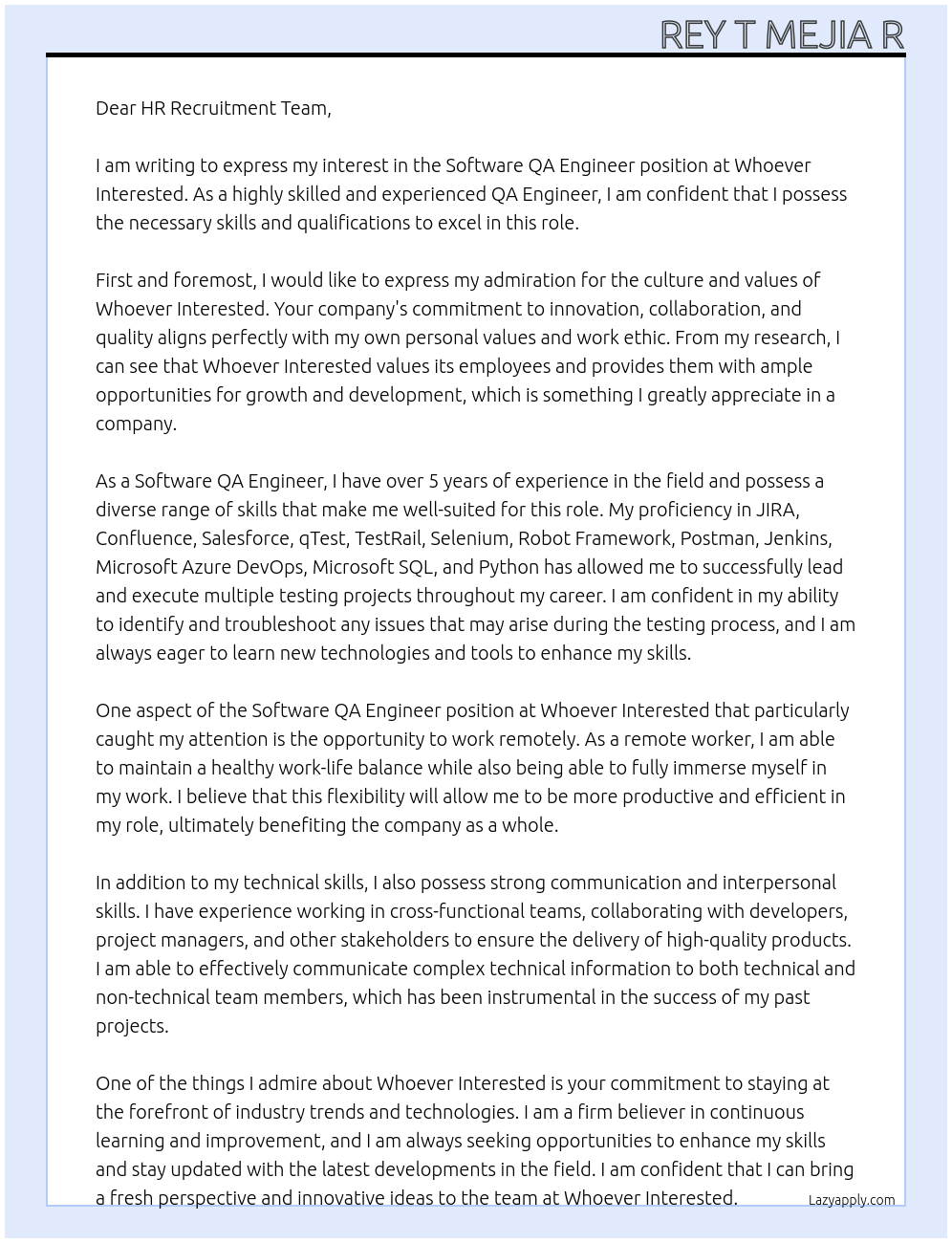 Software QA Engineer At Whoever Interested Cover Letter