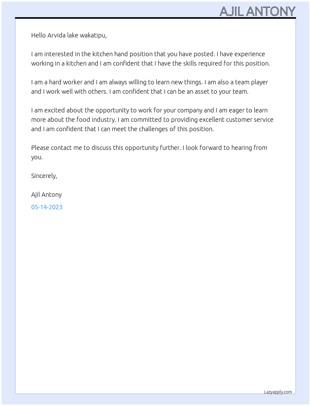 Kitchen hand At Arvida lake wakatipu Cover Letter