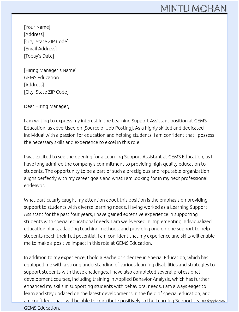 learning support assistant At GEMS Education Cover Letter