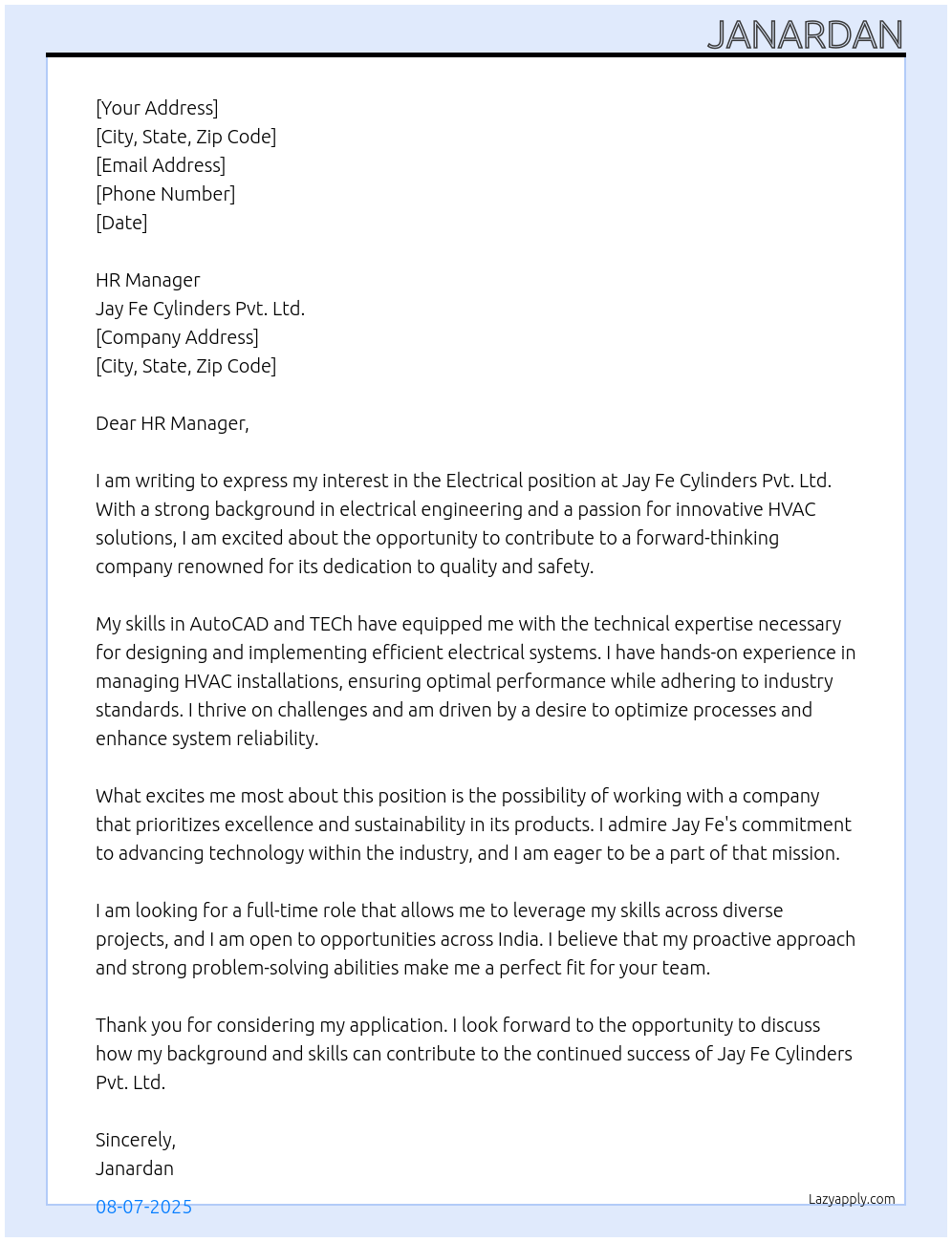 Electrical At Jay fe cylinders pvt. ltd. Cover Letter