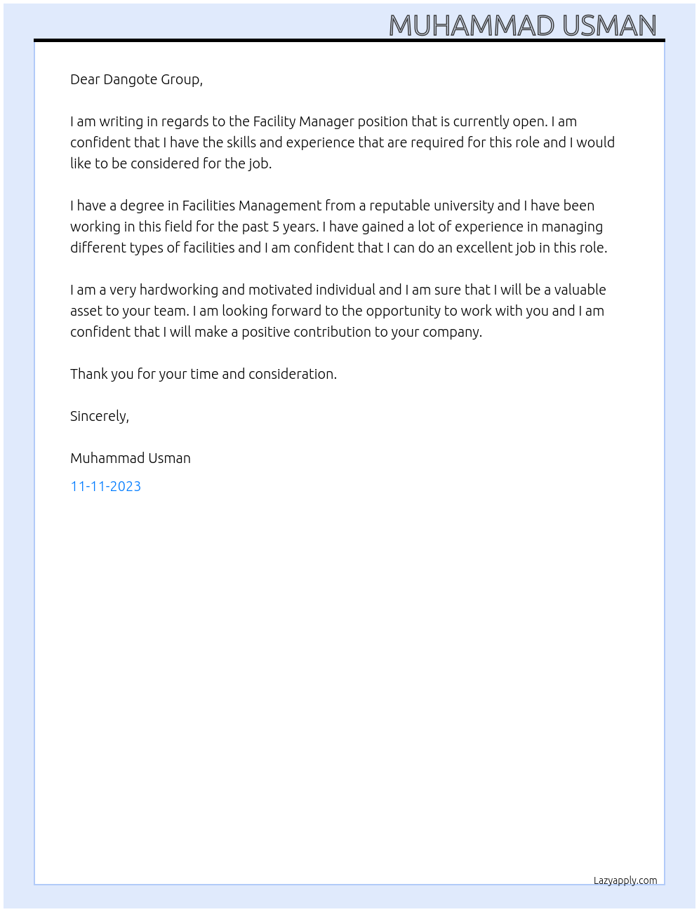 Facility Manager At Dangote Group Cover Letter