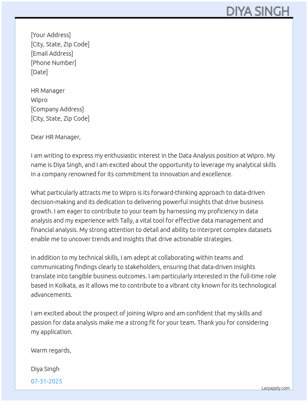 Data analysis At Wipro Cover Letter