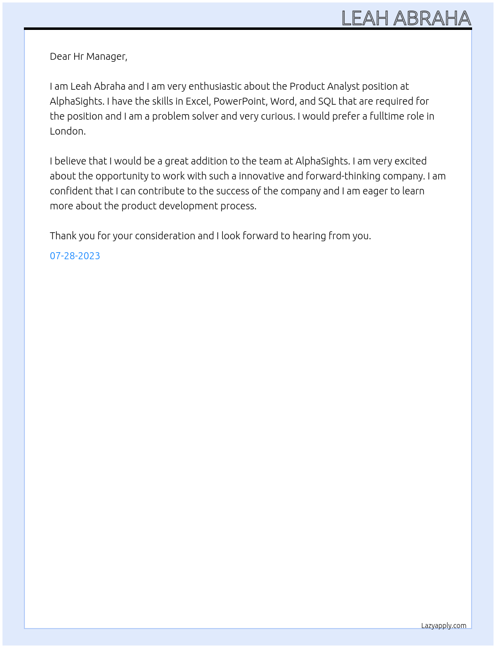 Product Analyst At AlphaSights Cover Letter