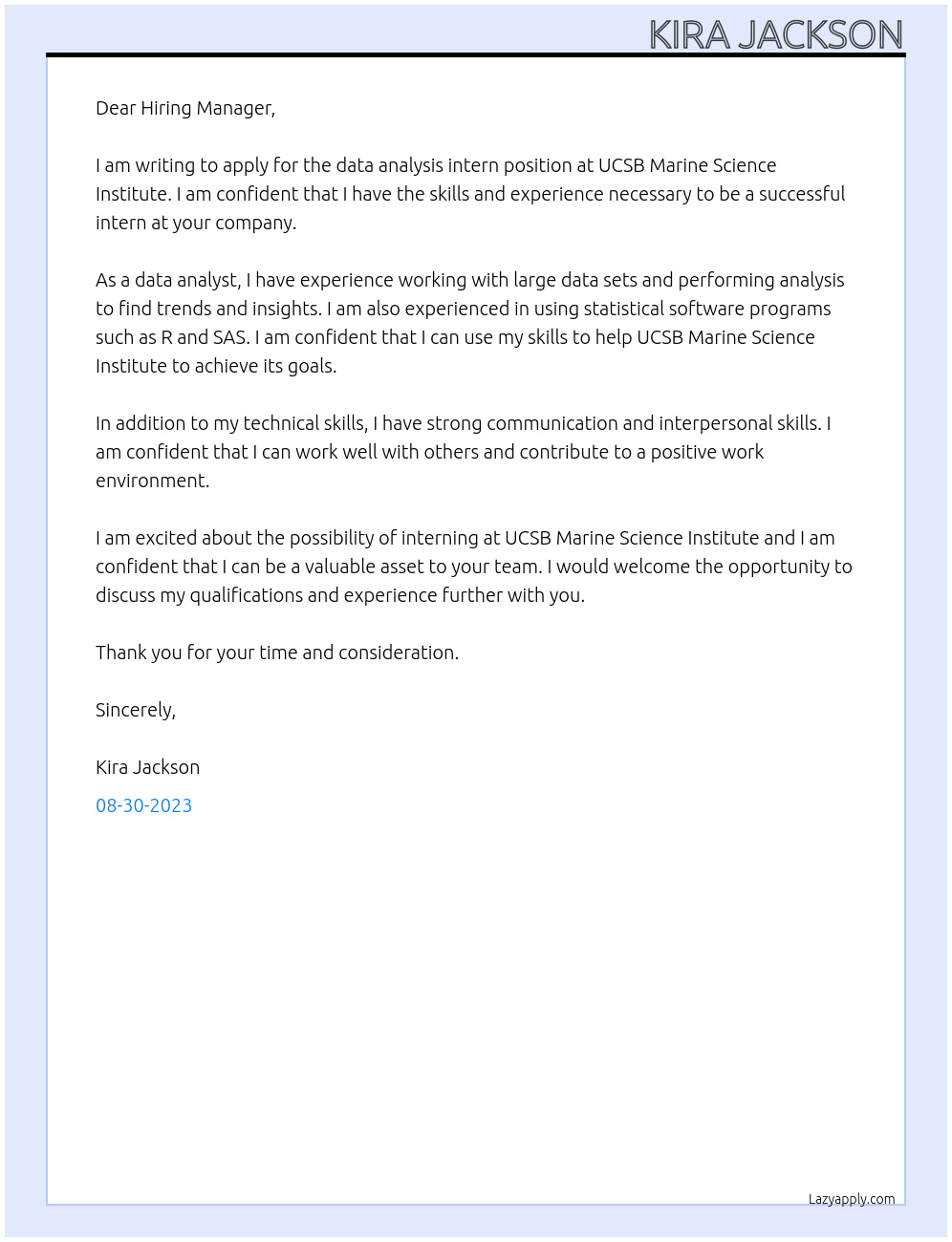 Data Analysis Intern At UCSB Marine Science Institute Cover Letter