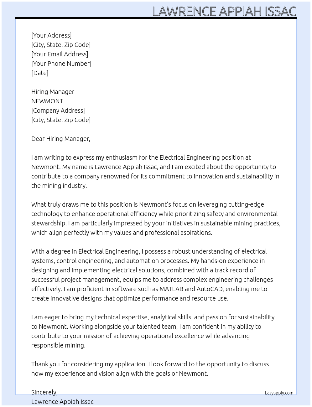 electrical engineering At NEWMONT Cover Letter