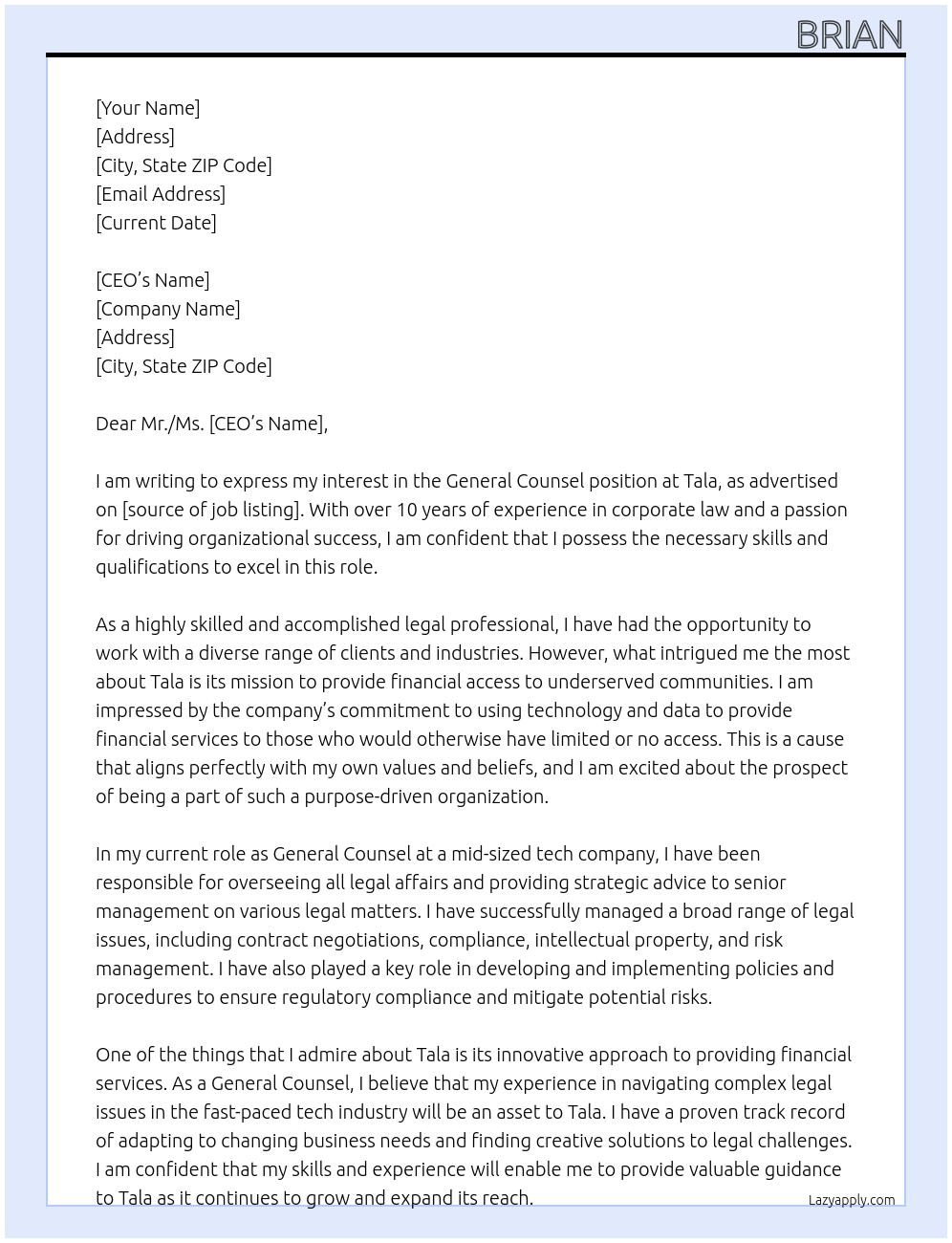General Counsel At Tala Cover Letter