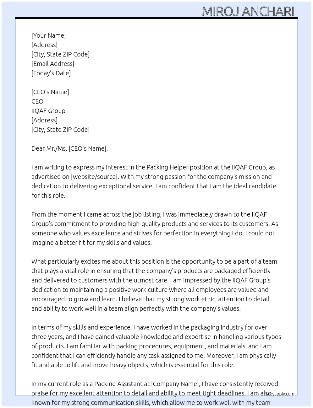 Packing Helper At IIQAF group Cover Letter