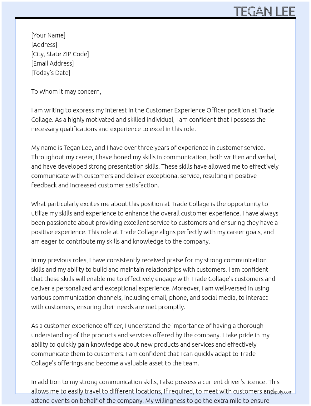 Customer experience officer At Trade Collage Cover Letter