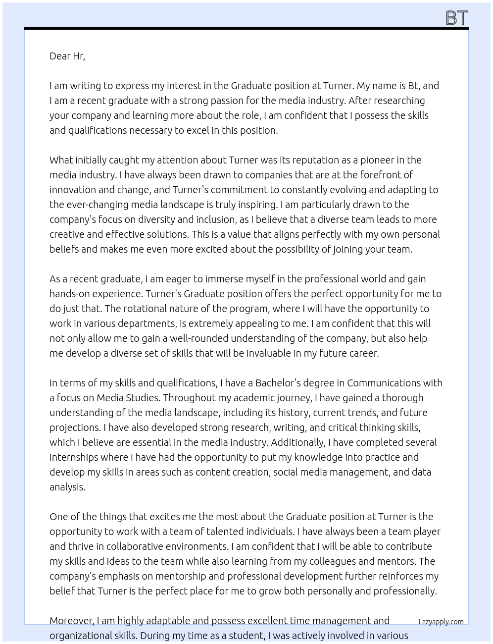 Graduate At Turner Cover Letter