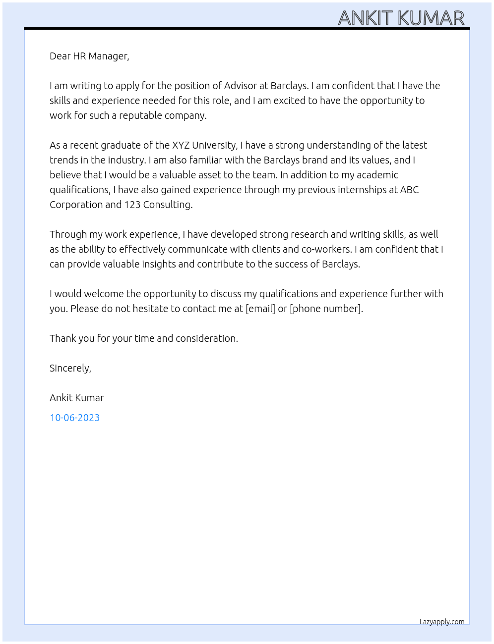 Advisor At Barclays Cover Letter