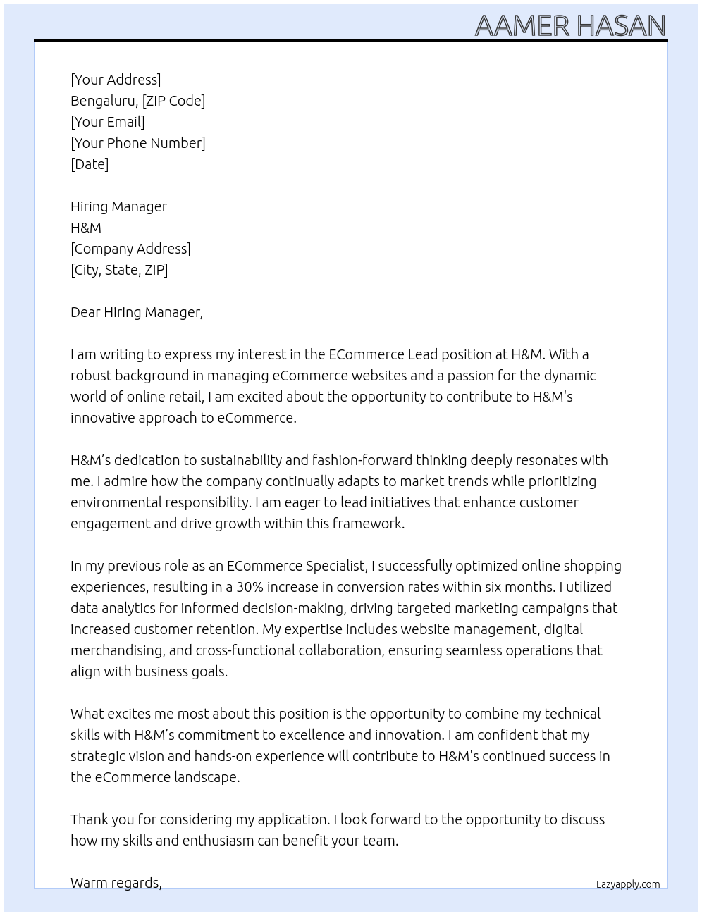 ECommerce Lead At H&M Cover Letter