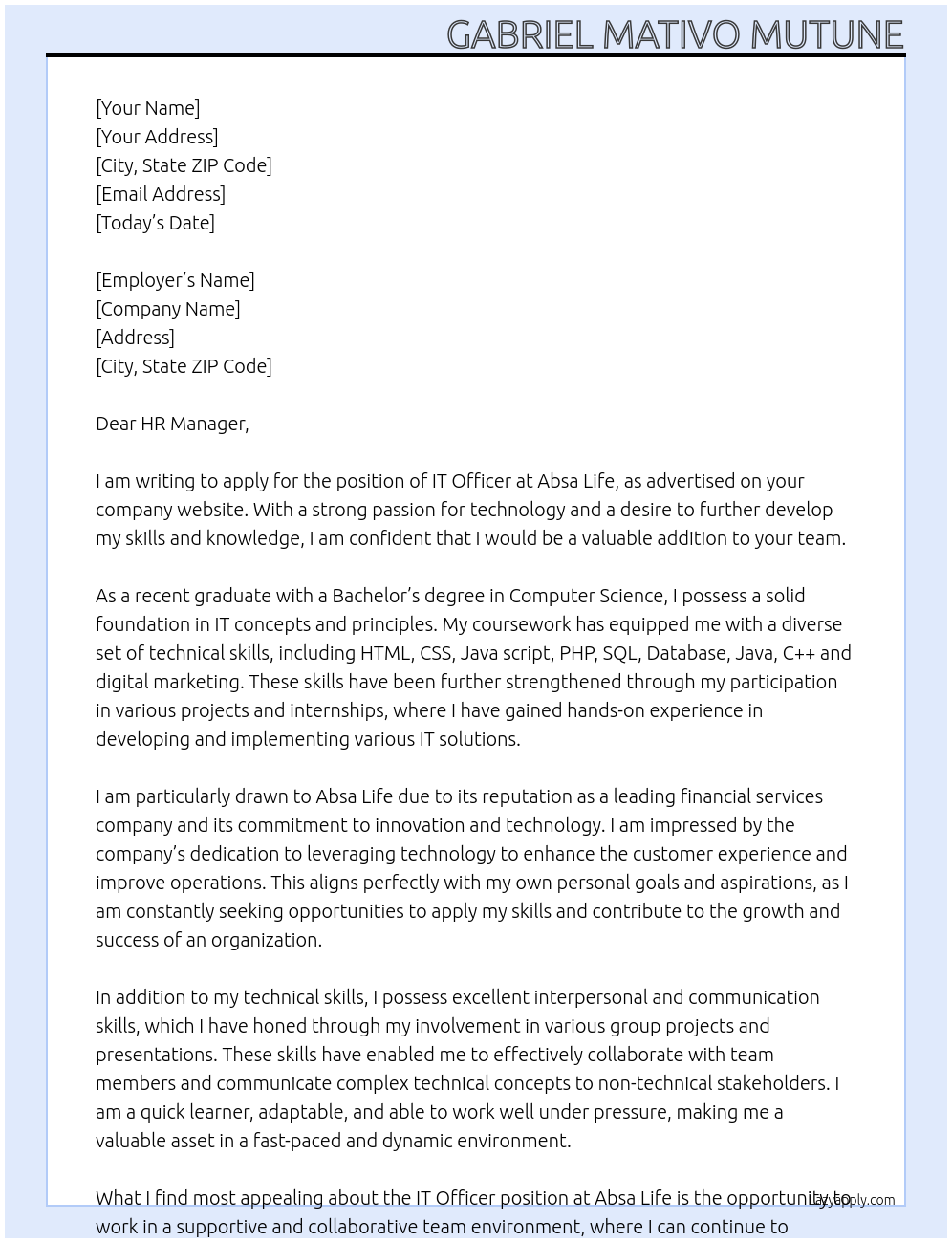 IT officer At Absa Life Cover Letter