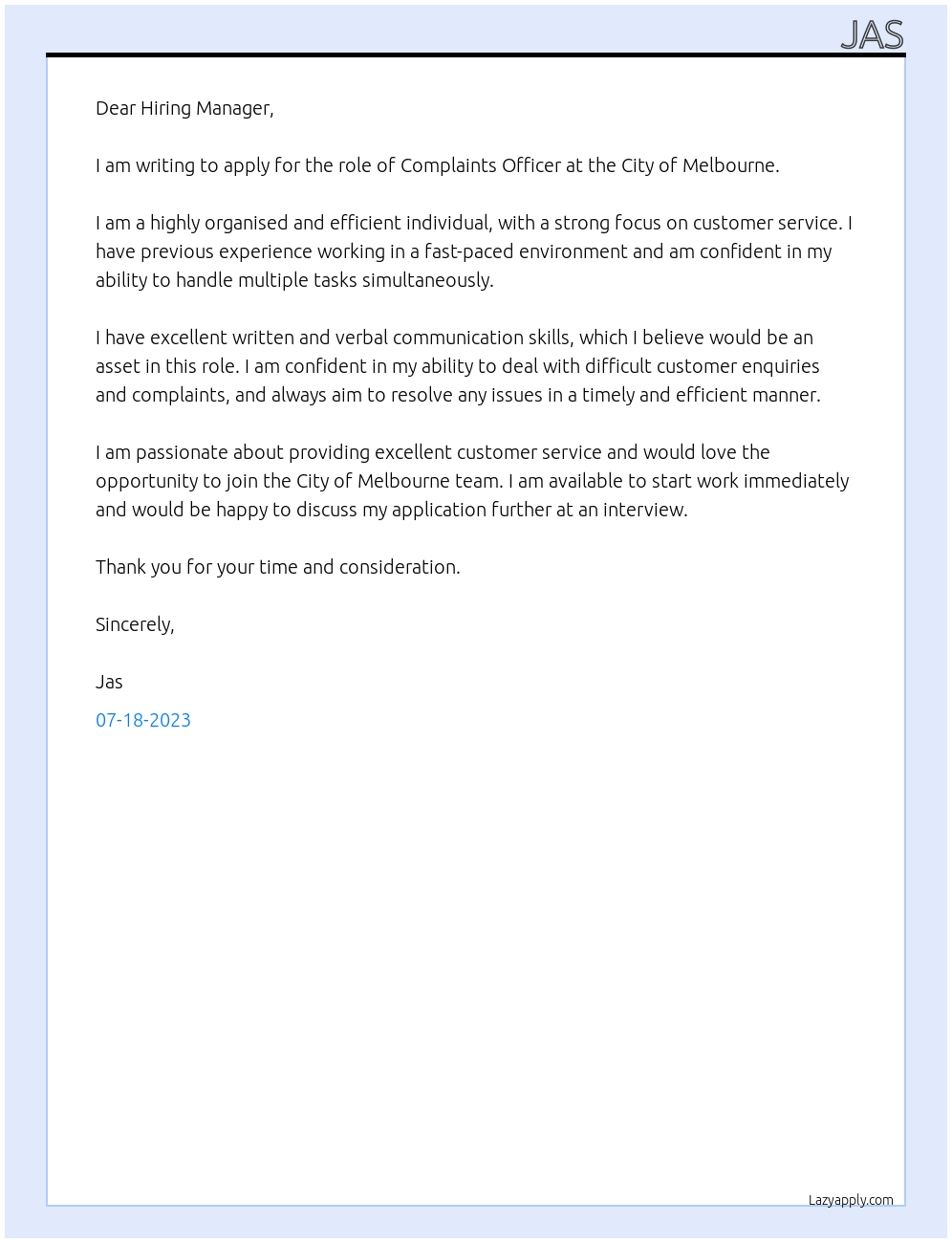 Complaints Officer At City of Melbourne Cover Letter
