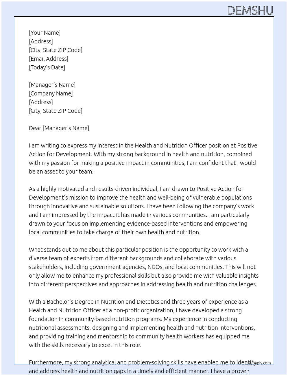 Health and nutrition officer At Positive action for development  Cover Letter