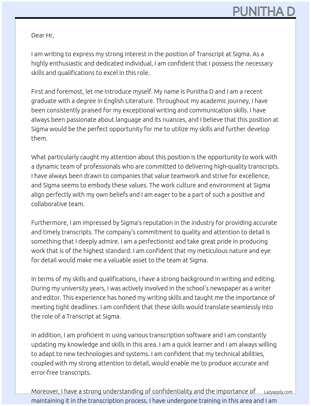 Cover letter for transcript - LazyApply
