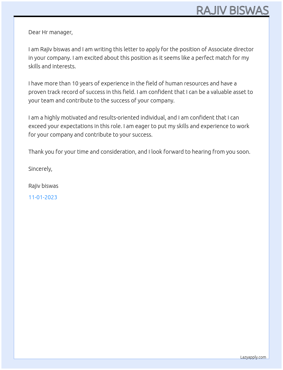 Associate director At Myntra Cover Letter