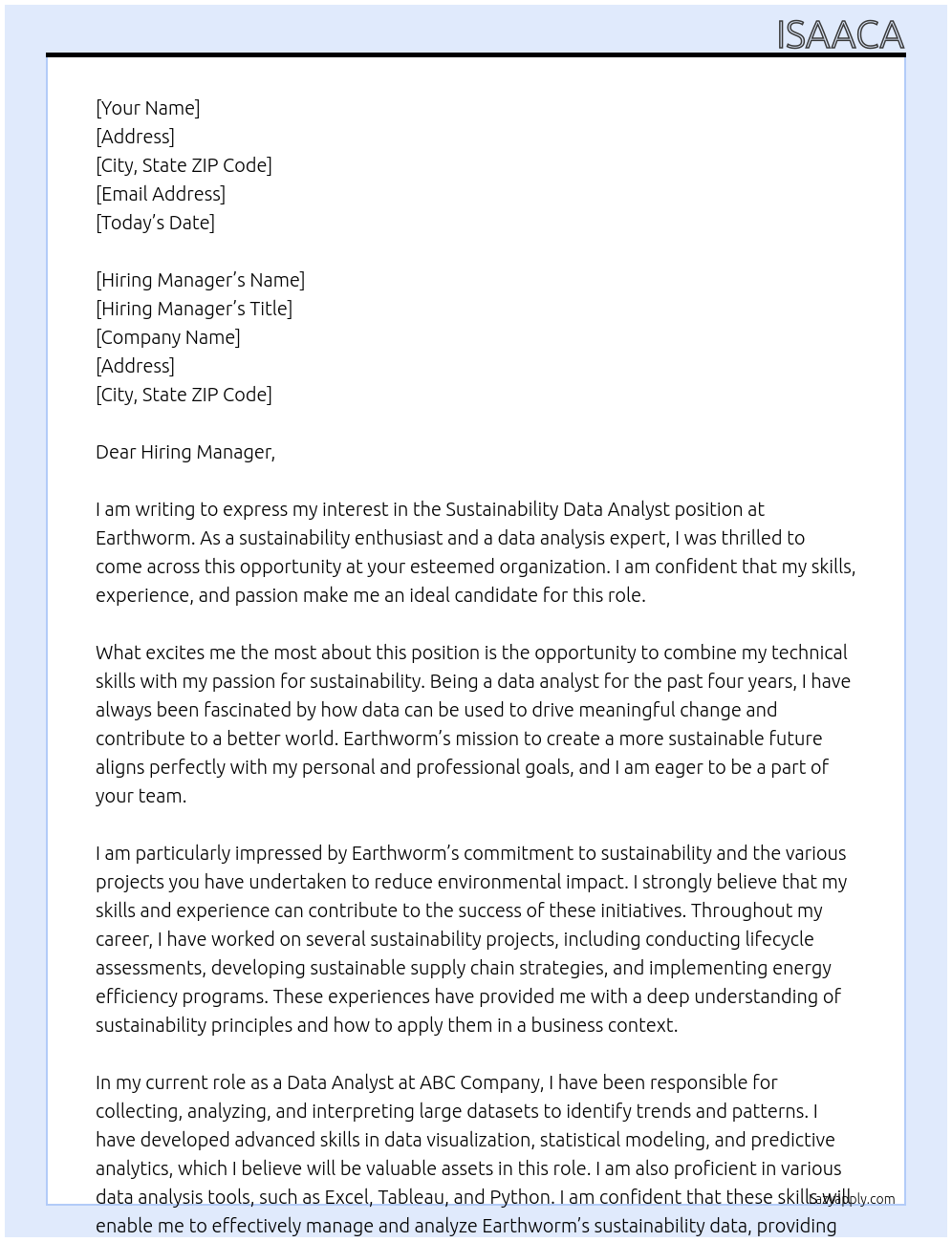 Sustainability Data Analyst  At Earthworm  Cover Letter